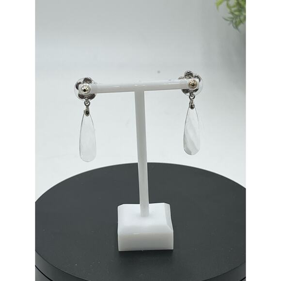 Faceted Teardrop Glass Floral Silver Tone Dangle Earrings - Picture 6 of 8